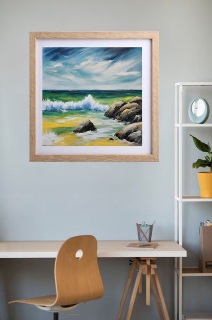 seascape-rocks-waves-blue-green-yellow-art print hanging on wall.