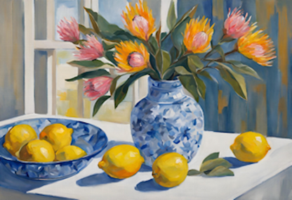 pink protea flowers in blue and white vase with lemons on table art print 