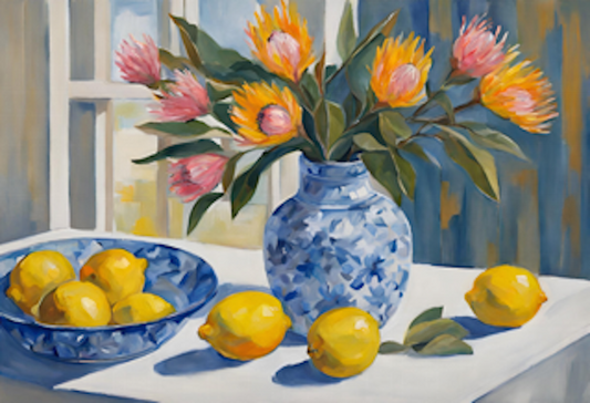 pink protea flowers in blue and white vase with lemons on table art print 