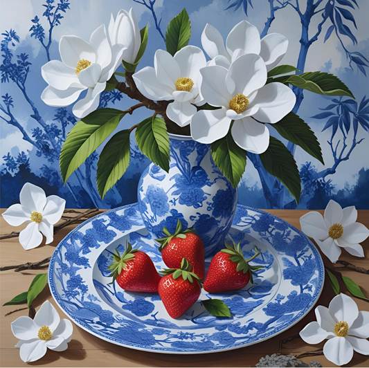 strawberries and magnolias in blue and white porcelain plate and vase on table art print