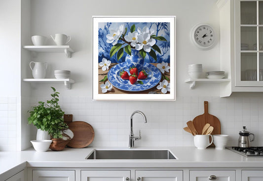 strawberries and magnolias in blue and white porcelain plate and vase on table art print framed in white and hanging on kitchen wall.