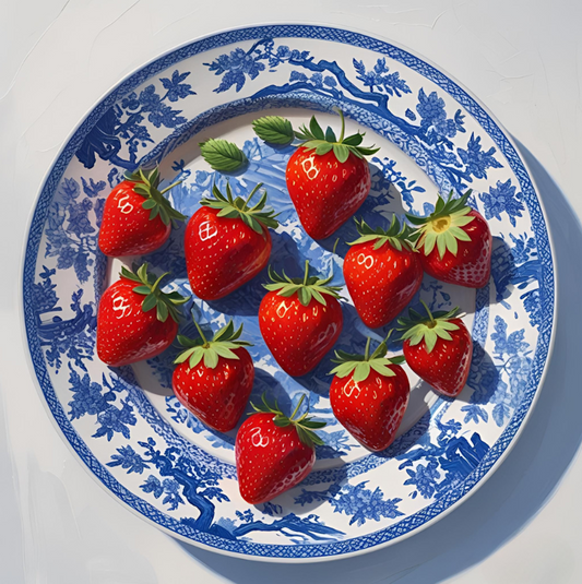 Strawberries on a blue and white patterned plate art print