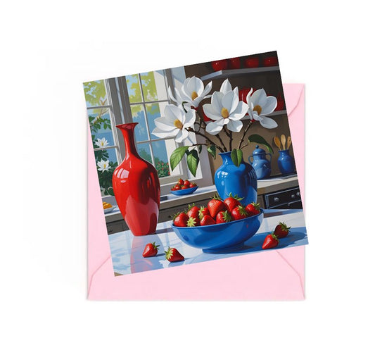 Mini art print of strawberries and Magnolias sitting on top of a pink envelope.