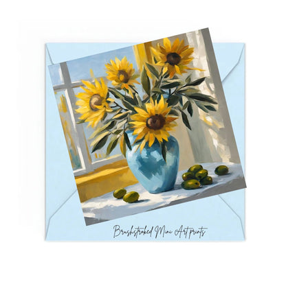 bright yellow sunflowers in blue vase on table near window. Olives on table mini art print