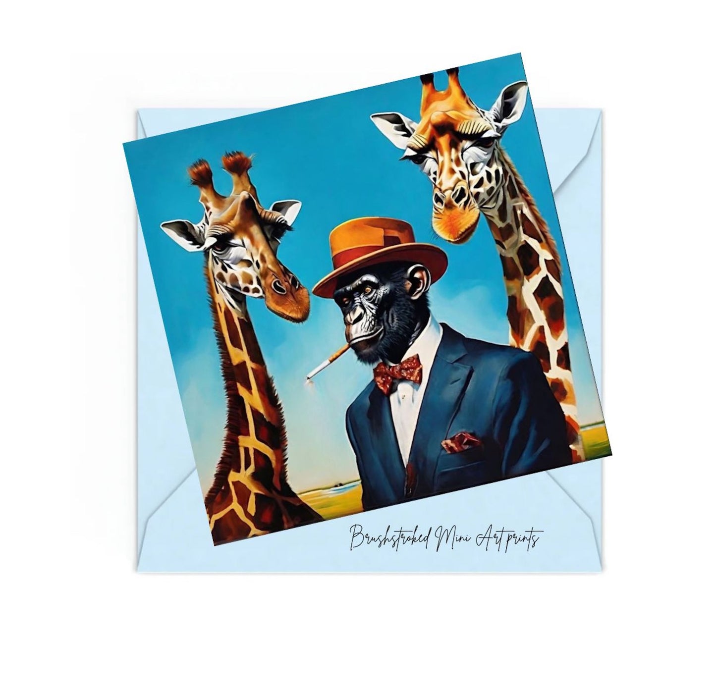 chimpanzee in a suit with bow tie smoking cigarette with two giraffes surrealism mini art print