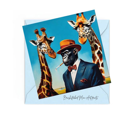 chimpanzee in a suit with bow tie smoking cigarette with two giraffes surrealism mini art print