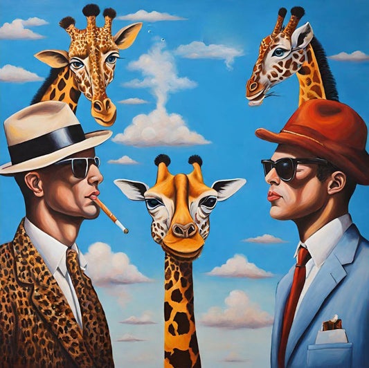 Two Men In Dark Glasses In suits With three Giraffes-Surrealism-Colourful-Art-Giclée Print.