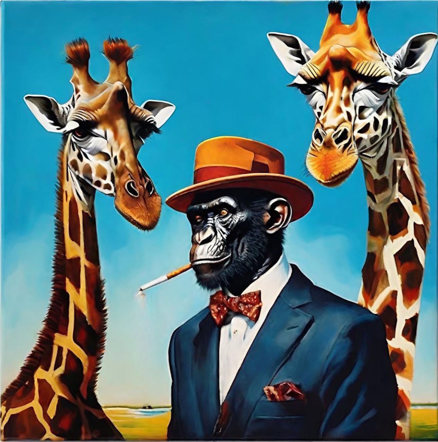 Chimpanzee In A suit With two Giraffes -Surrealism-Colourful-Animal Giclée Print.