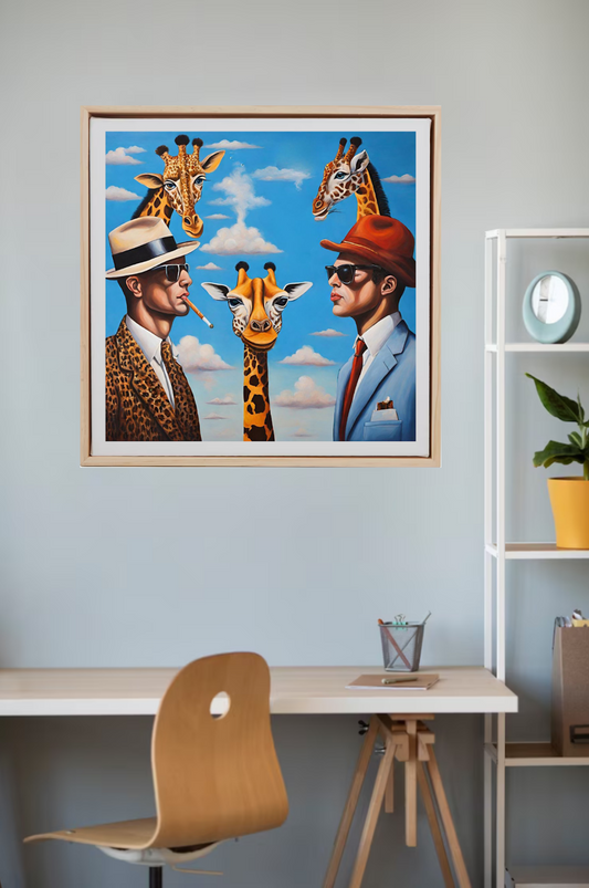 surrealism art print men and giraffes art print framed and hanging on wall