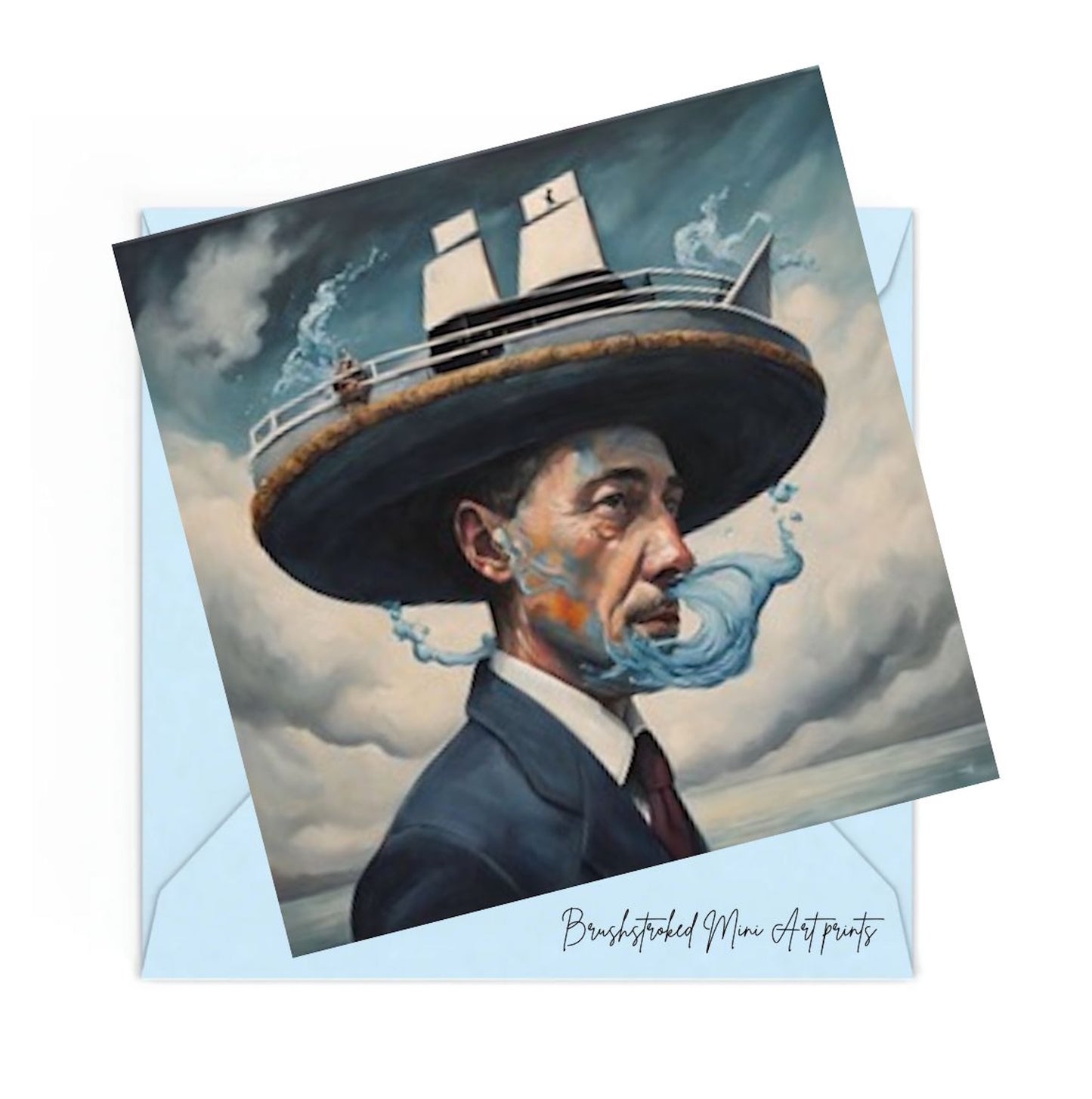 Surrealism art man with hat a ship sailing inside the hat and water swirling around his face mini art print