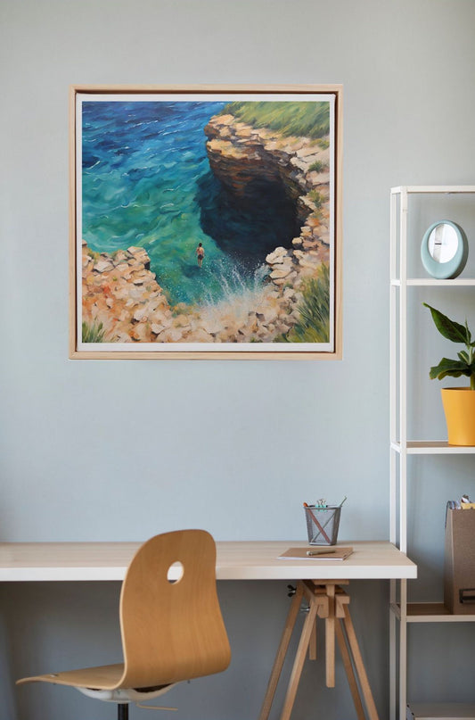 man swimming in water hole in  south australia art print framed and hung on wall.