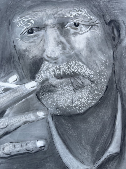 Charcoal And Lead Drawing Of Old Man Smoking A Cigarette- Original Art