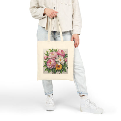 person holding a canvas tote bag with a flower print.