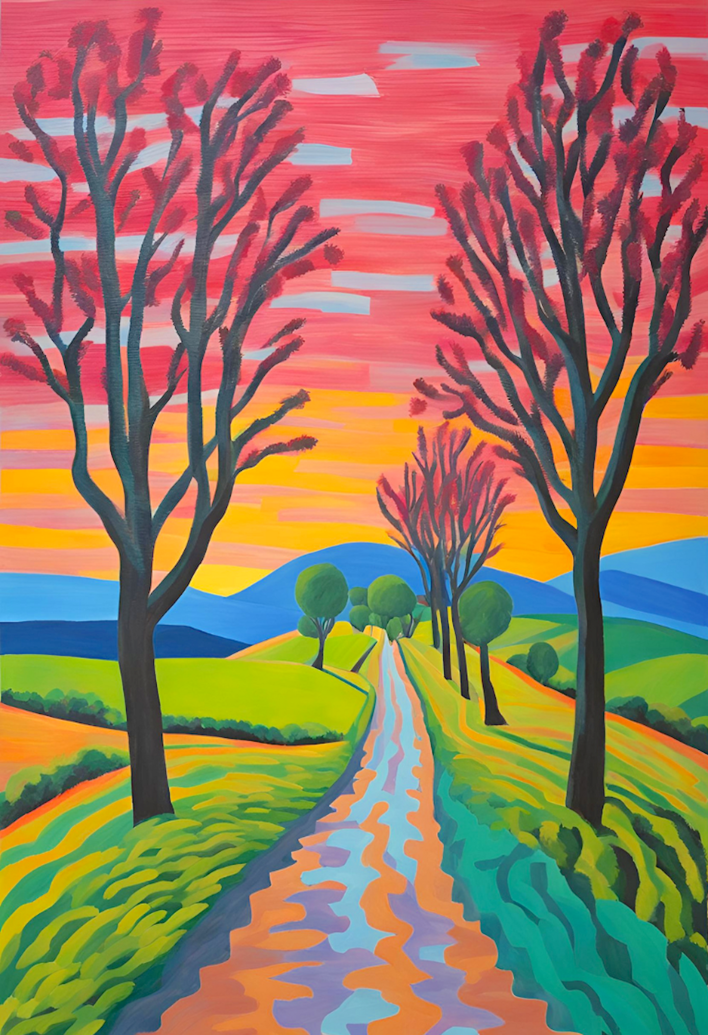 Colorful landscape painting with trees and a path