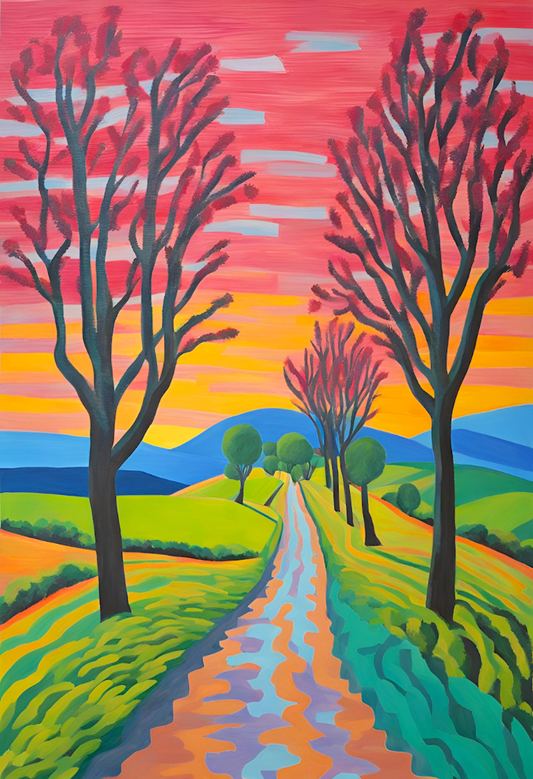 Colorful landscape painting with trees and a path