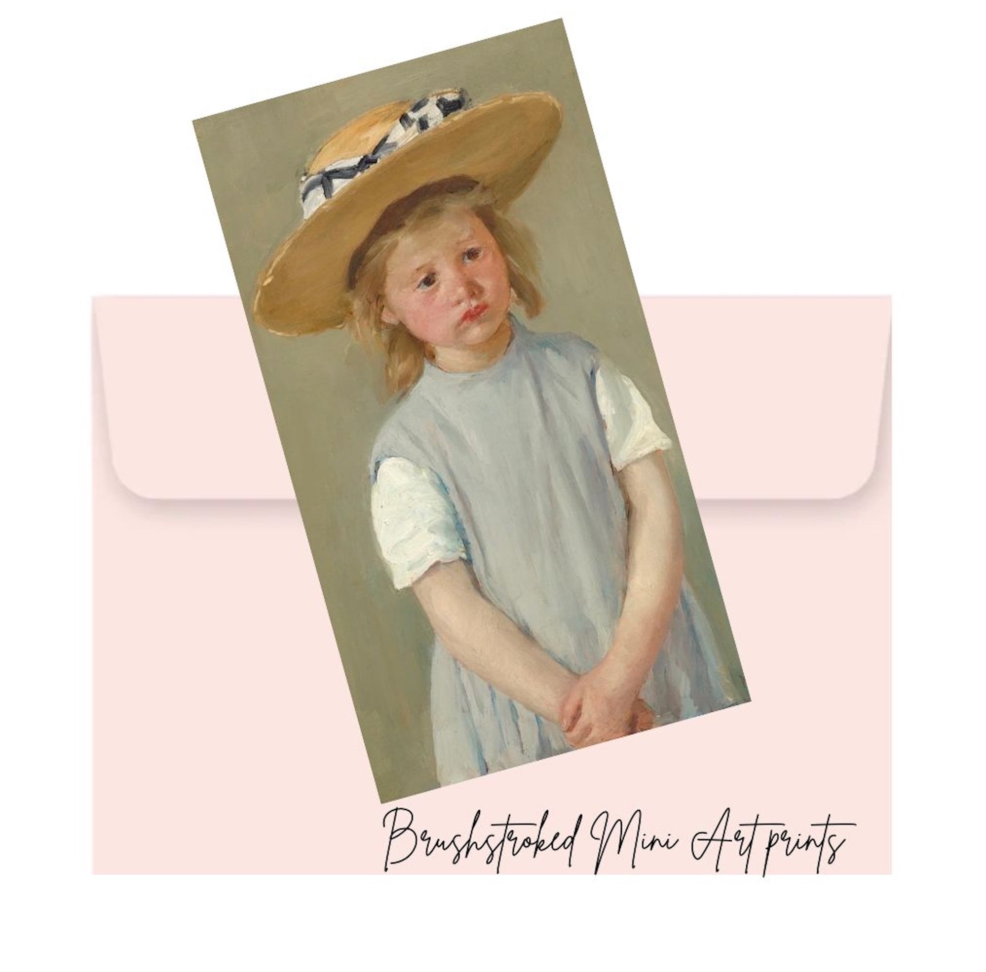 vintage portrait of a little girl in a sraw hat mini art print.