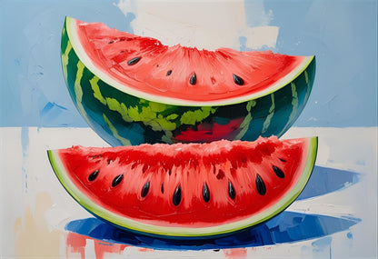Two slices of watermelon on a colorful abstract background
