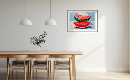 Dining room with wooden table and chairs, framed artwork of watermelons on the wall.