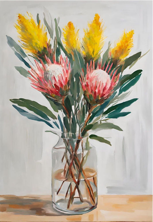 yellow attle and pink proteas in glass vase on table art print
