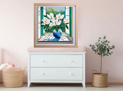 white Magnolia flowers in Blue vase on window sledge with light streaming through a green window art print