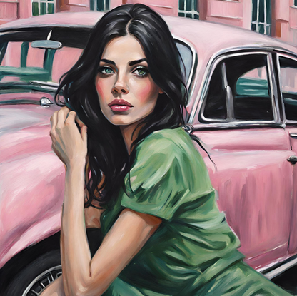 portrait style woman with black hair and green eyes in Green dress near pink vintage car art print.