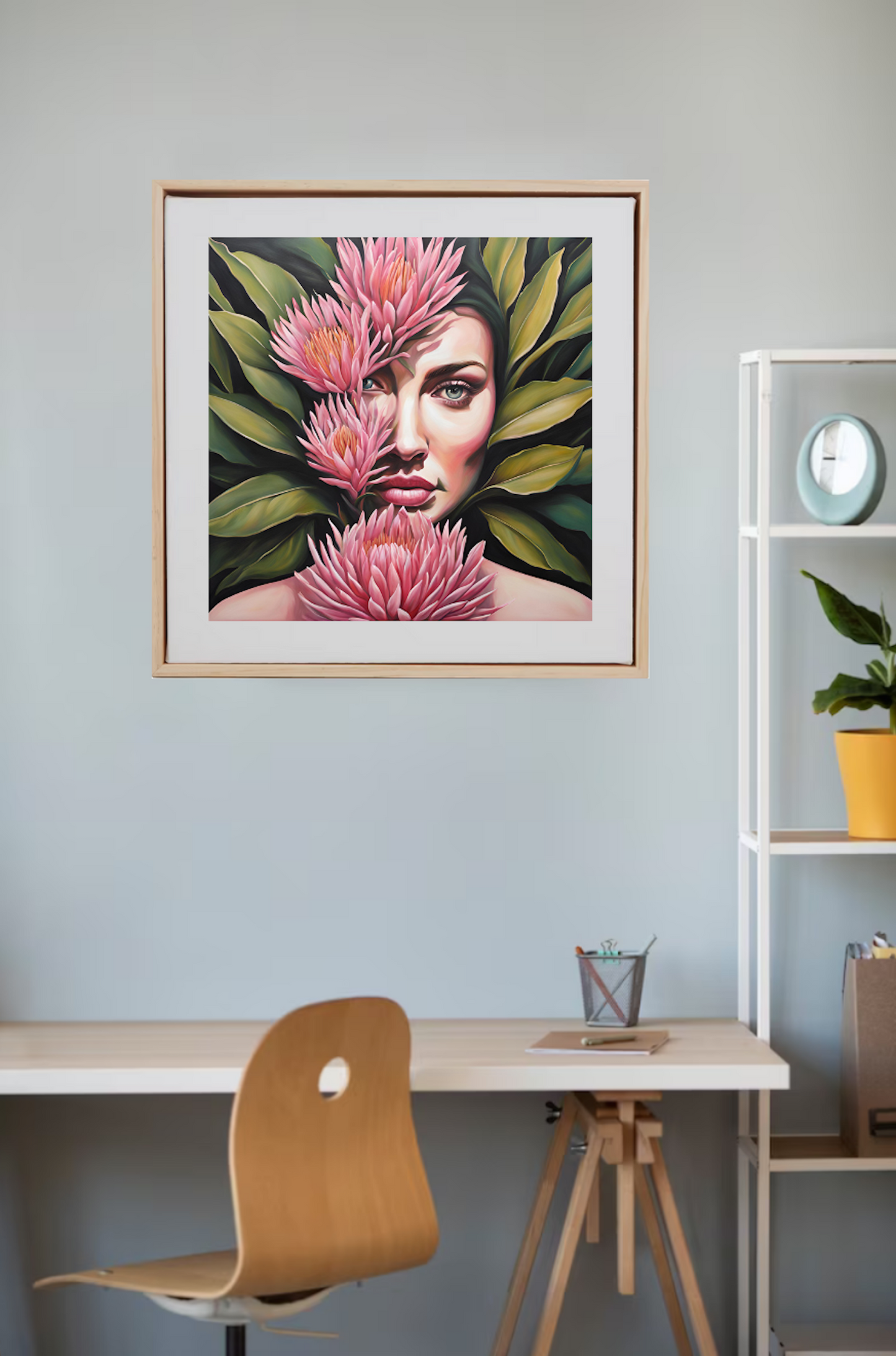 Pink Proteas Flowers- Green Leaves- Portrait-Woman-Original Art - Giclée Print.