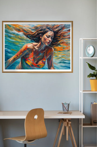 woman in bikini swimming in water colourful reflections art print hanging on wall over desk.