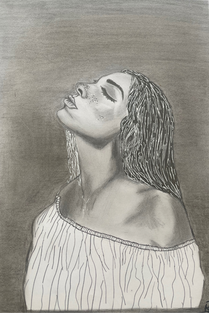 mini art print of Charcoal and pencil portrait painting of a woman with a subtle background.