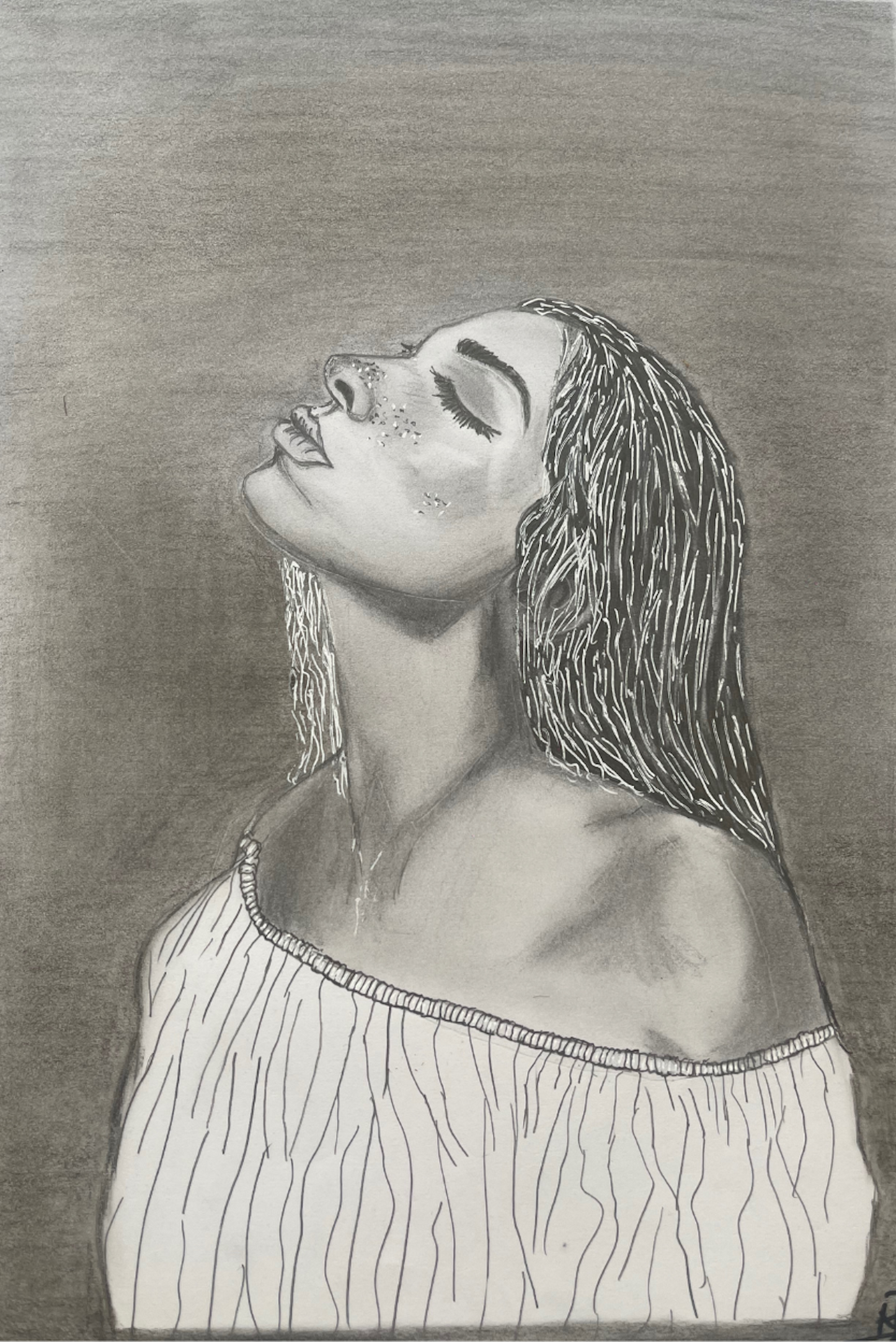 Charcoal And Pencil Portrait Painting Of A Woman - Black And White Original Drawing.