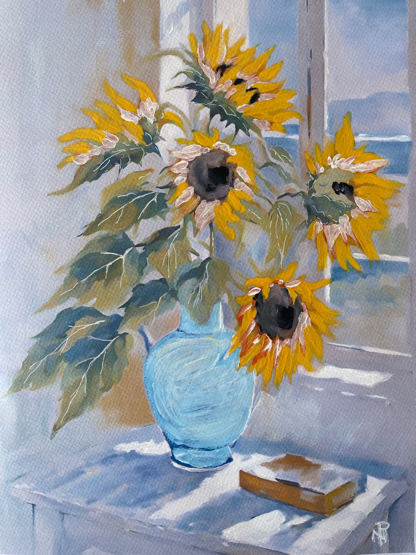 Sunflowers In  Blue- Vase-On A Table  - Original- Floral-Art.