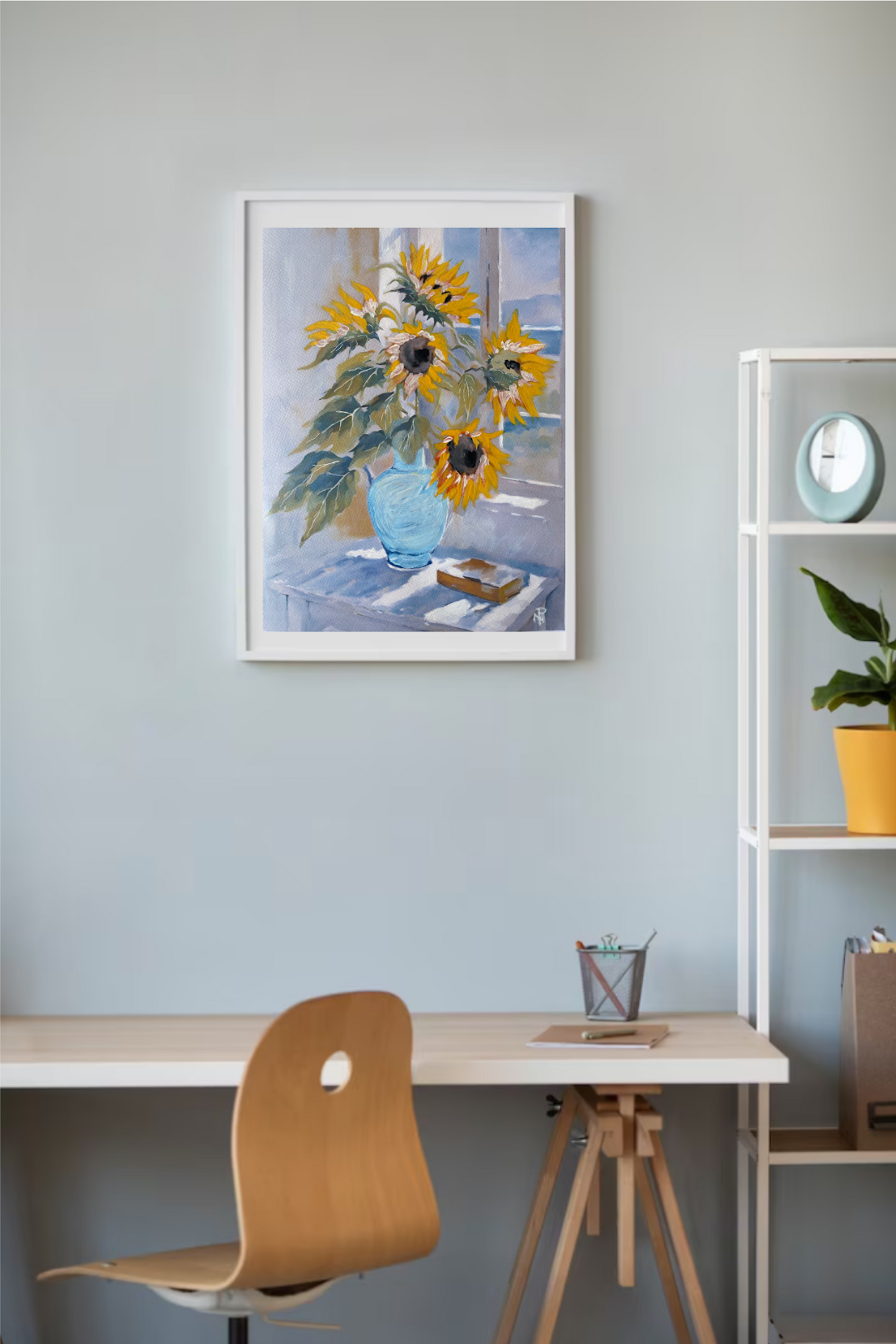 Sunflowers In  Blue- Vase-On A Table  - Original- Floral-Art.