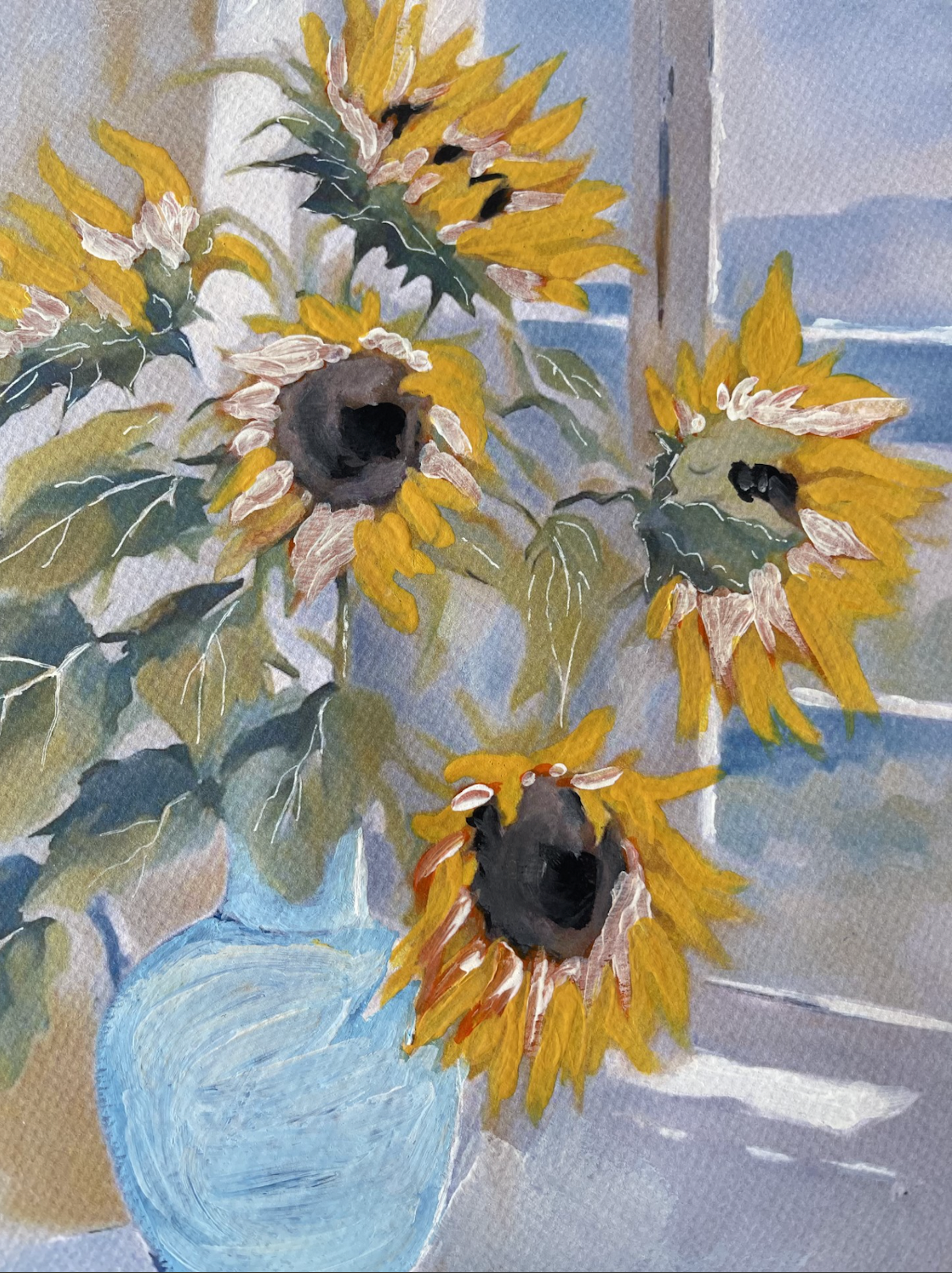 Sunflowers In  Blue- Vase-On A Table  - Original- Floral-Art.