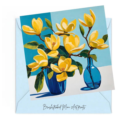 yellow flowers in blue glass vases on table with a blue background art print