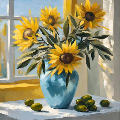 yellow_sunflowers_in_blue_vase_near_on_table_near_window art print