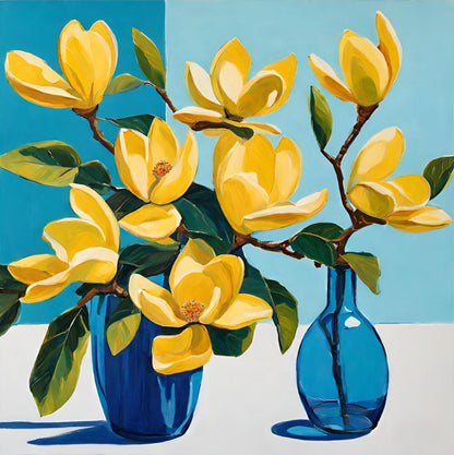 yellow flowers in blue vases on table art print.